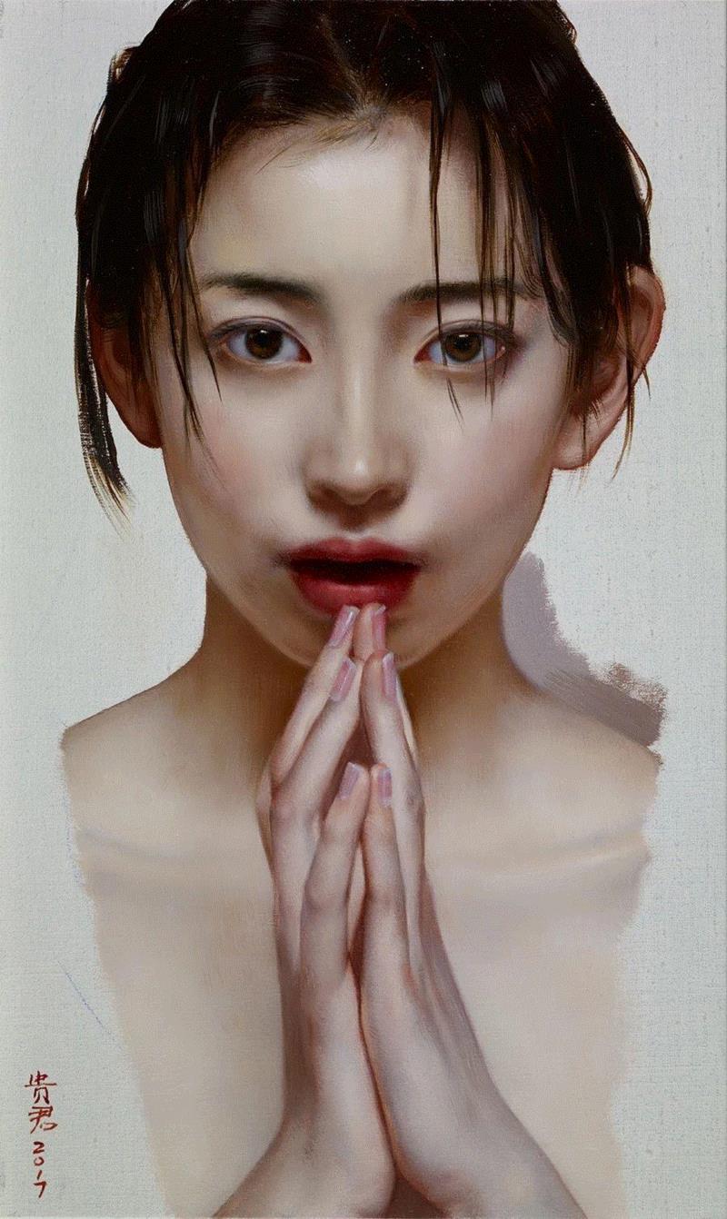 李贵君 《过度敏感》 2017 布面油画 42x25cm,hiart space | 李贵君和他笔下的都市女孩,李贵君,space,都市女孩,油画,绘画,新古典主义,灵性,深圳,人物,符号