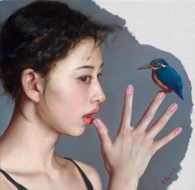 李贵君 《此时此刻》 2018 布面油画 35x35cm,hiart space | 李贵君和他笔下的都市女孩,李贵君,space,都市女孩,油画,绘画,新古典主义,灵性,深圳,人物,符号