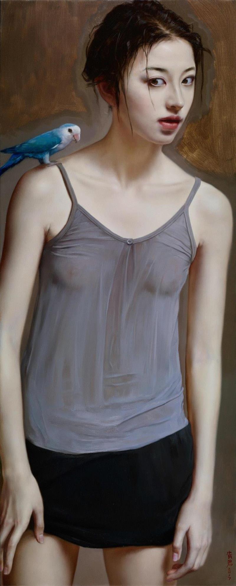 李贵君 《近在咫尺》 2017 布面油画 105x42cm,hiart space | 李贵君和他笔下的都市女孩,李贵君,space,都市女孩,油画,绘画,新古典主义,灵性,深圳,人物,符号