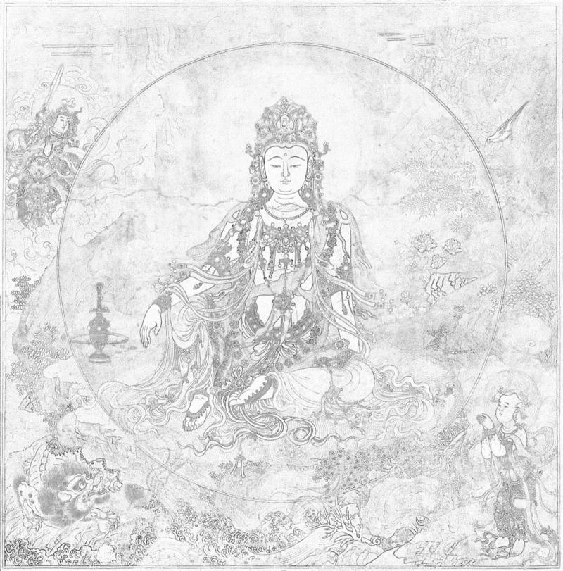 水月观音线描稿（像素：9775x9921）,法海寺水月观音高清下载,法海寺,观音,水月观音,壁画,鹦鹉,韦陀,观音菩萨,佛教,佛像,背后