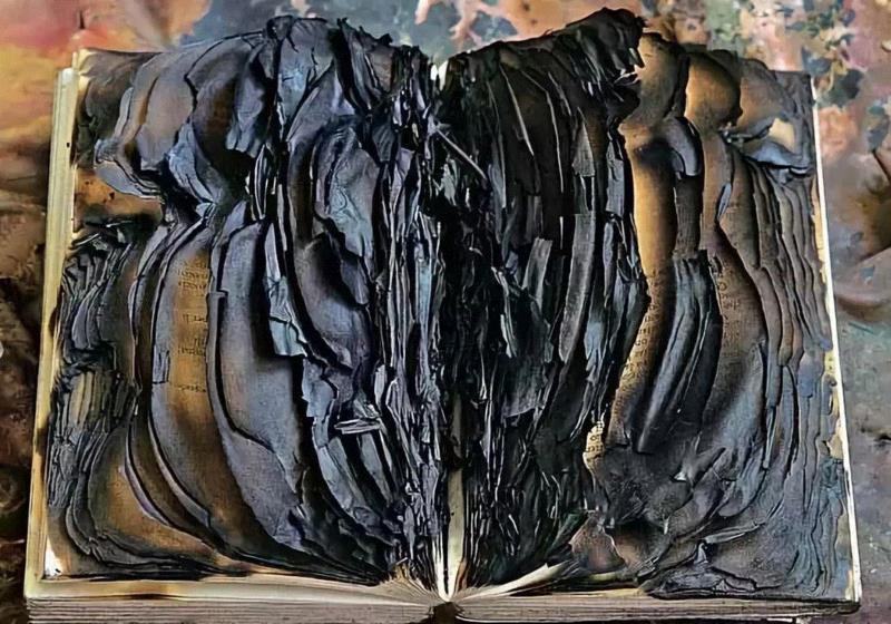 罗萨蒙·帕赛尔摄影作品：但丁《地狱》，于马萨诸塞大学外的街道上被烧毁。图源：Art of the P