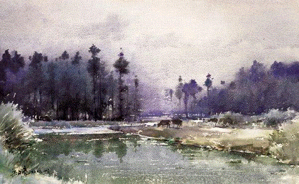 黄昏 梁文亮 34x56cm&nbsp;,中国百年水彩精品,水彩,静物,人体,雨后,香港,晨光,西湖,梁文亮,范保文,初春