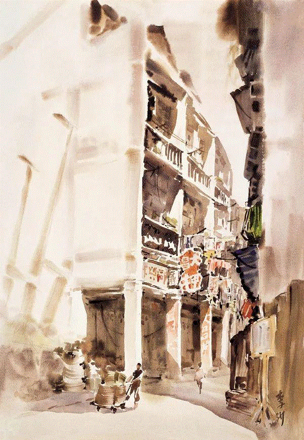 香港西环唐楼 李沙 79x55cm&nbsp;,中国百年水彩精品,水彩,静物,人体,雨后,香港,晨光,西湖,梁文亮,范保文,初春