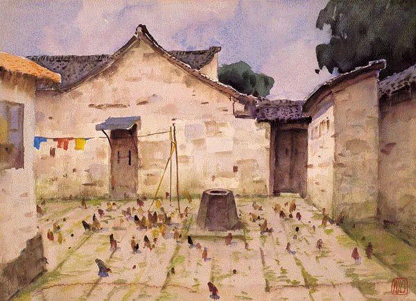村镇庭院 廖炯模 38x54cm&nbsp;,中国百年水彩精品,水彩,静物,人体,雨后,香港,晨光,西湖,梁文亮,范保文,初春