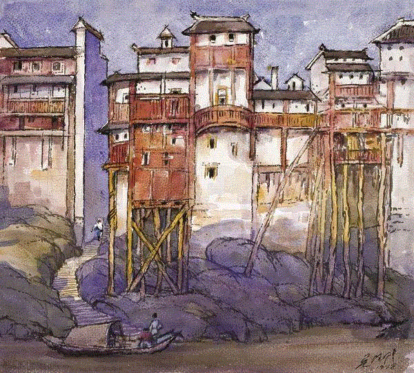 长江边上的吊脚楼 吴德隆 39x44cm&nbsp;,中国百年水彩精品,水彩,静物,人体,雨后,香港,晨光,西湖,梁文亮,范保文,初春