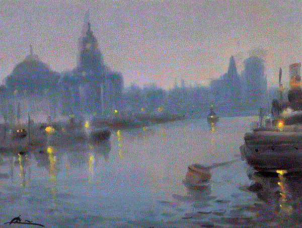 冉熙 浦江夜景 1948 45x59cm&nbsp;,中国百年水彩精品,水彩,静物,人体,雨后,香港,晨光,西湖,梁文亮,范保文,初春