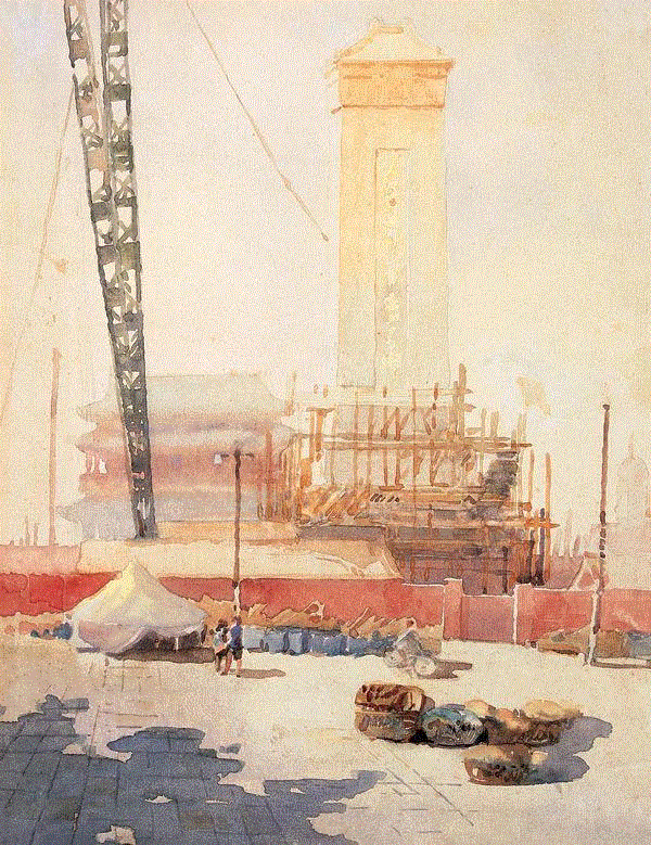 李剑晨 晨—人民英雄纪念碑 1955 32x24cm&nbsp;,中国百年水彩精品,水彩,静物,人体,雨后,香港,晨光,西湖,梁文亮,范保文,初春