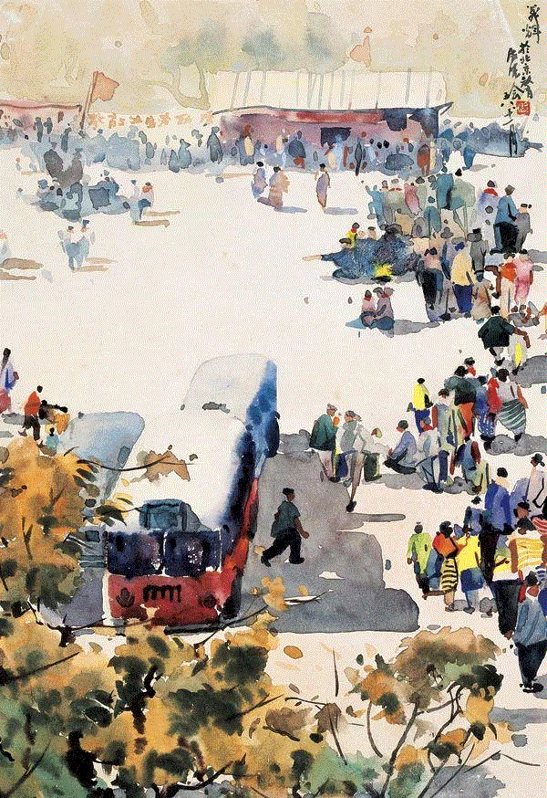 杨义辉 在展览会广场上 1958 35x24cm&nbsp;,中国百年水彩精品,水彩,静物,人体,雨后,香港,晨光,西湖,梁文亮,范保文,初春