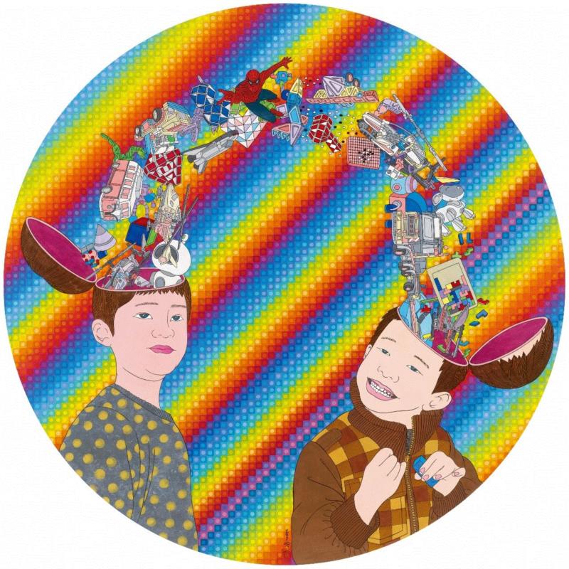 刘天怜 乐高迷 2018 纸本设色 D.80cm,hiart space | 刘天怜: 燕燕于飞,刘天怜,space,纸本,天怜,电影,乾坤,装置,材料,两个世界,背后