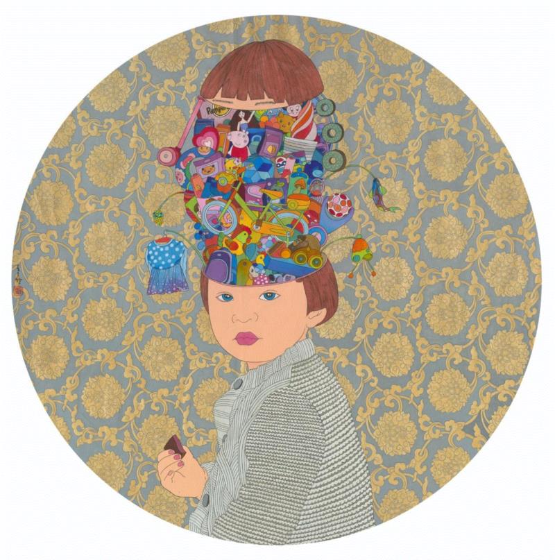 刘天怜 我脑子里的世界 2018 纸本设色 D.80cm,hiart space | 刘天怜: 燕燕于飞,刘天怜,space,纸本,天怜,电影,乾坤,装置,材料,两个世界,背后