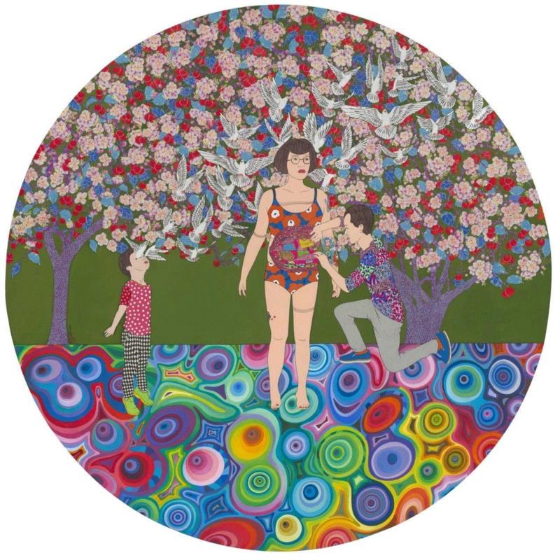  刘天怜 为什么不高兴 2018  纸本设色 D.120cm,hiart space | 刘天怜: 燕燕于飞,刘天怜,space,纸本,天怜,电影,乾坤,装置,材料,两个世界,背后