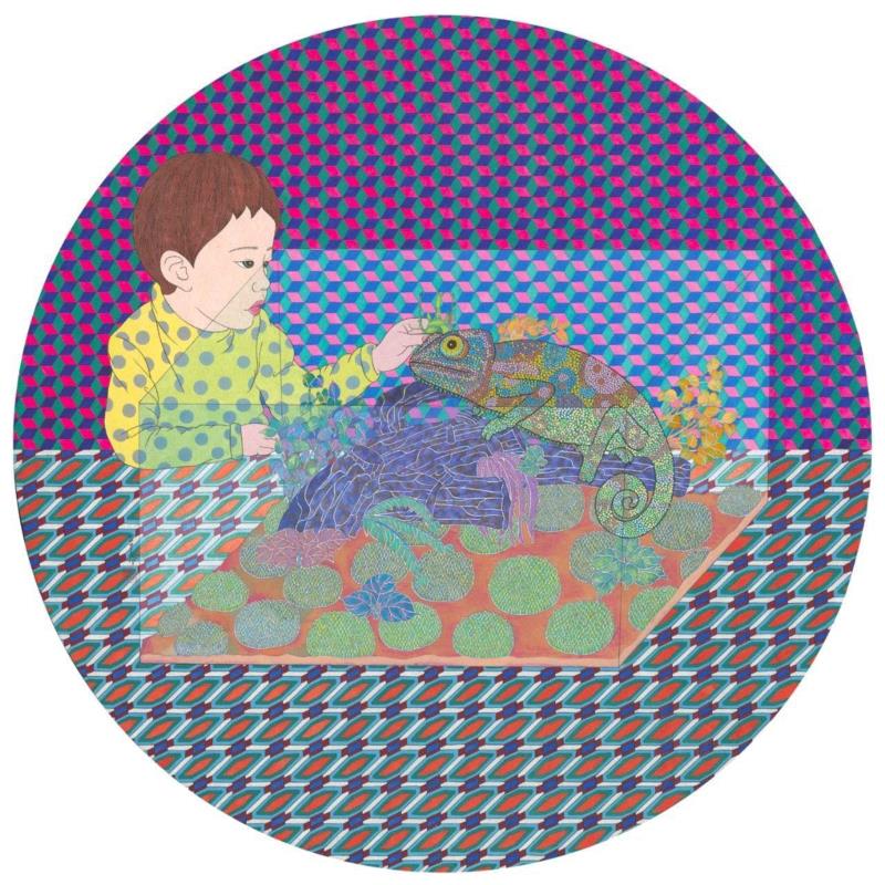 刘天怜 昆虫博物馆游记－chameleon 2018 纸本设色 D.80cm,hiart space | 刘天怜: 燕燕于飞,刘天怜,space,纸本,天怜,电影,乾坤,装置,材料,两个世界,背后