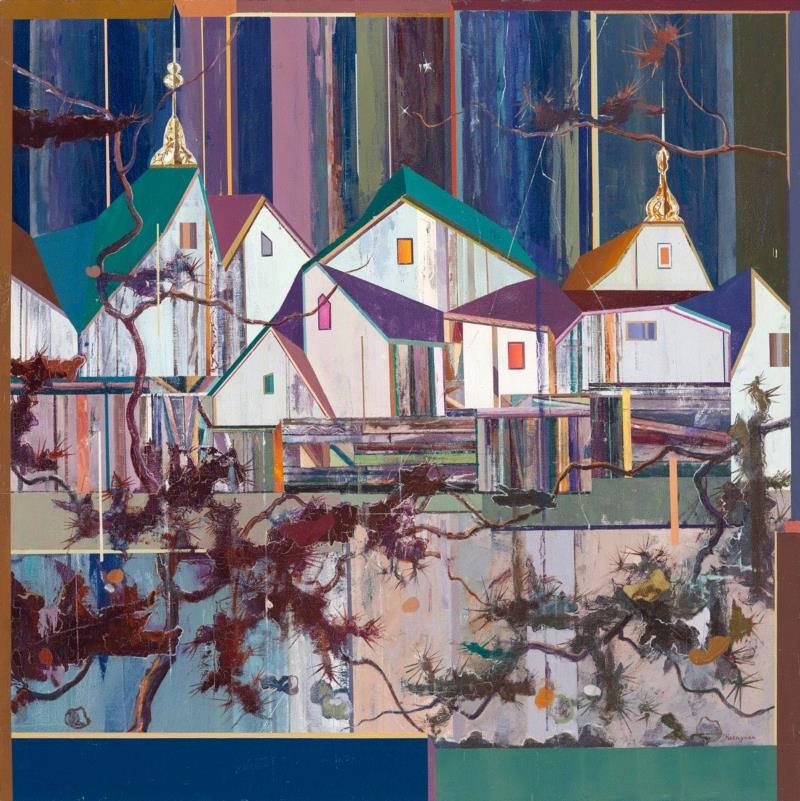 王源远 波斯木屋1 2018 布面油画 120×120cm,图集 | 王源远：长生殿,王源远,长生殿,图集,油画,王源,木屋,绘画,假山,山门,波斯