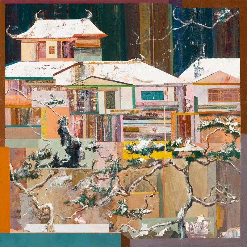 王源远 禅寺冬雪 2018 布面油画 &nbsp;120×120cm,图集 | 王源远：长生殿,王源远,长生殿,图集,油画,王源,木屋,绘画,假山,山门,波斯