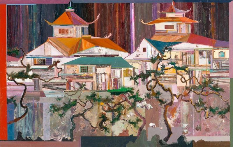 王源远 大白鹤观 2018 布面油画 140×220cm,图集 | 王源远：长生殿,王源远,长生殿,图集,油画,王源,木屋,绘画,假山,山门,波斯