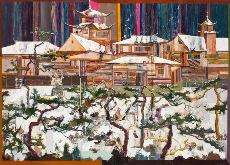 王源远 风雪山神庙 2018 布面油画 180×250cm,图集 | 王源远：长生殿,王源远,长生殿,图集,油画,王源,木屋,绘画,假山,山门,波斯