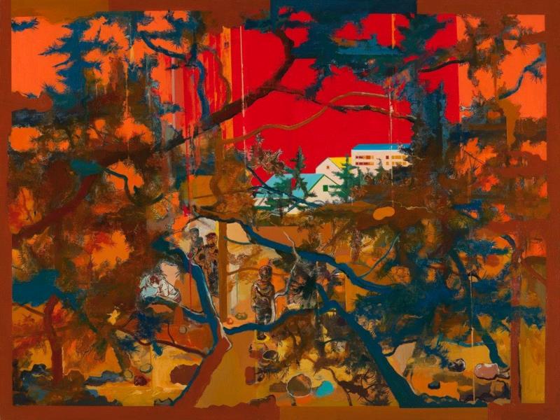 王源远 红色家园3 2017 布面油画 150×200cm,图集 | 王源远：长生殿,王源远,长生殿,图集,油画,王源,木屋,绘画,假山,山门,波斯