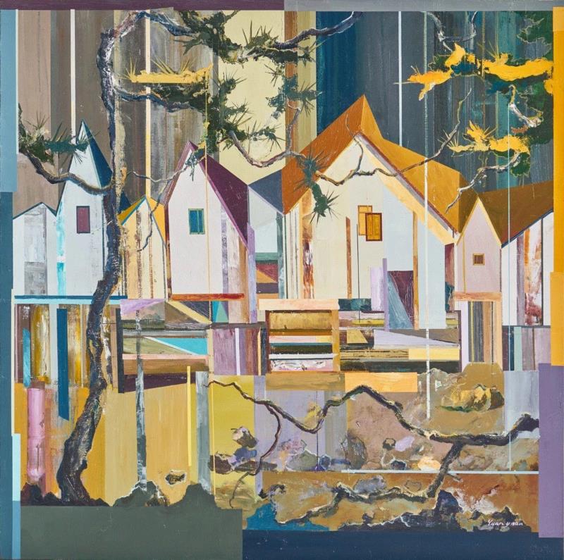 王源远 黄顶木屋2 2017 布面油画 100×100cm,图集 | 王源远：长生殿,王源远,长生殿,图集,油画,王源,木屋,绘画,假山,山门,波斯