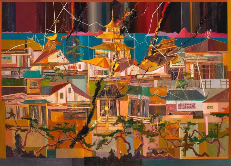 王源远 火烧红莲寺 2018 布面油画 180×250cm,图集 | 王源远：长生殿,王源远,长生殿,图集,油画,王源,木屋,绘画,假山,山门,波斯