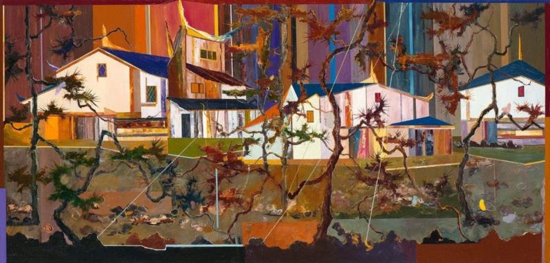 王源远 金风细雨楼 2018 布面油画 120×250cm,图集 | 王源远：长生殿,王源远,长生殿,图集,油画,王源,木屋,绘画,假山,山门,波斯