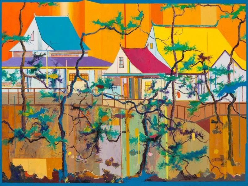 王源远 金色园林 2018 布面油画 120×160cm,图集 | 王源远：长生殿,王源远,长生殿,图集,油画,王源,木屋,绘画,假山,山门,波斯