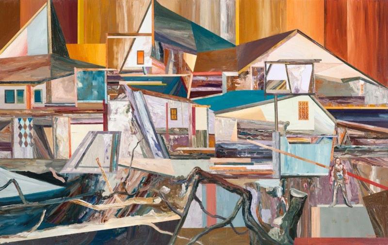 王源远 巨人镇 2018 布面油画 140×220cm,图集 | 王源远：长生殿,王源远,长生殿,图集,油画,王源,木屋,绘画,假山,山门,波斯