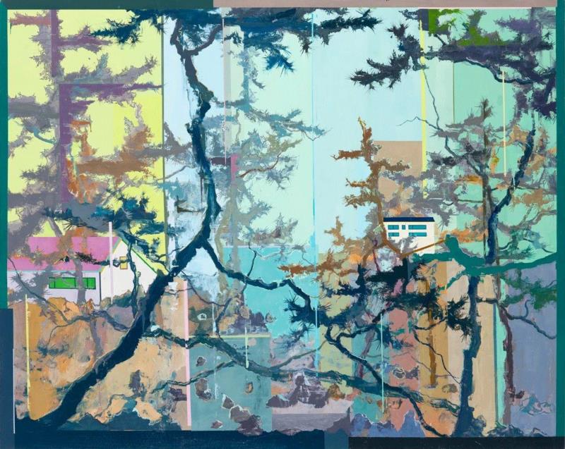 王源远 绿色森林 2018 布面油画 160×200cm,图集 | 王源远：长生殿,王源远,长生殿,图集,油画,王源,木屋,绘画,假山,山门,波斯