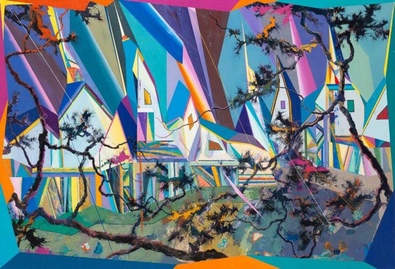 王源远 倾斜的风景 2018 布面油画 150×220cm,图集 | 王源远：长生殿,王源远,长生殿,图集,油画,王源,木屋,绘画,假山,山门,波斯