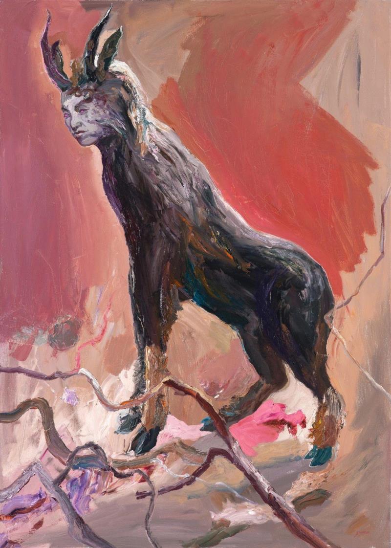 王源远 山魈 2018 布面油画 140×100cm,图集 | 王源远：长生殿,王源远,长生殿,图集,油画,王源,木屋,绘画,假山,山门,波斯