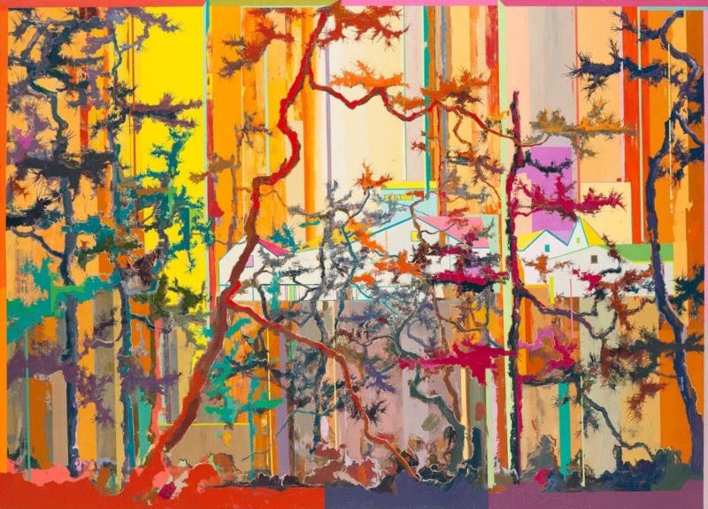 王源远 桃花源 2018 布面油画 180×250cm,图集 | 王源远：长生殿,王源远,长生殿,图集,油画,王源,木屋,绘画,假山,山门,波斯