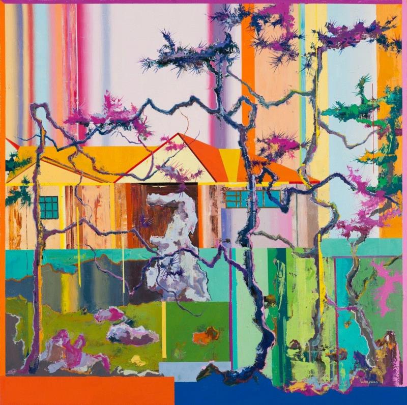 王源远 有假山的风景 2017 布面油画 120×120cm,图集 | 王源远：长生殿,王源远,长生殿,图集,油画,王源,木屋,绘画,假山,山门,波斯