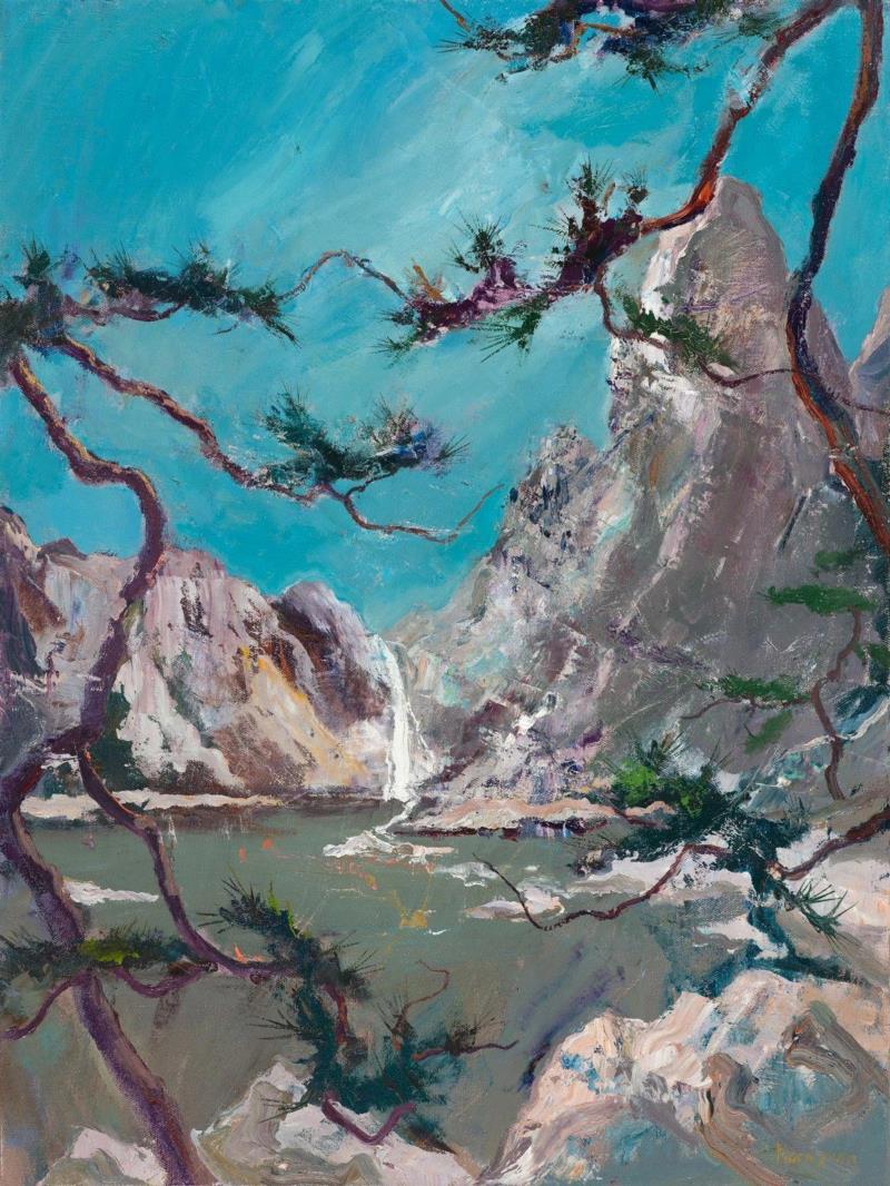 王源远 有瀑布的风景 2018 布面油画 80×60cm,图集 | 王源远：长生殿,王源远,长生殿,图集,油画,王源,木屋,绘画,假山,山门,波斯