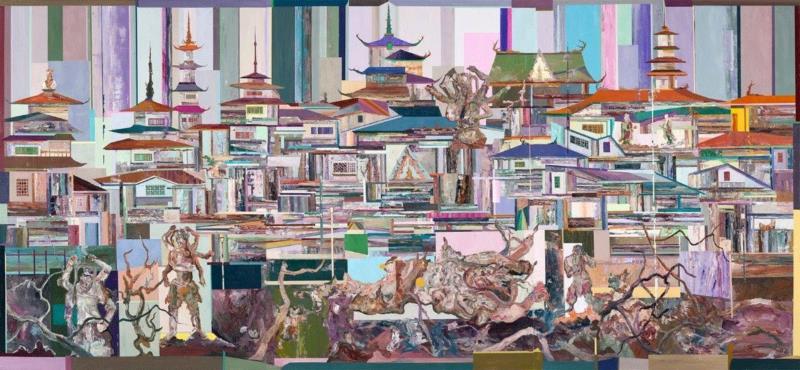 王源远 长生殿2 2018 布面油画 250×180cm×3&nbsp;,图集 | 王源远：长生殿,王源远,长生殿,图集,油画,王源,木屋,绘画,假山,山门,波斯