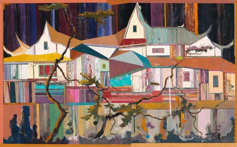 王源远 中式风景 2018 布面油画 100×160cm,图集 | 王源远：长生殿,王源远,长生殿,图集,油画,王源,木屋,绘画,假山,山门,波斯