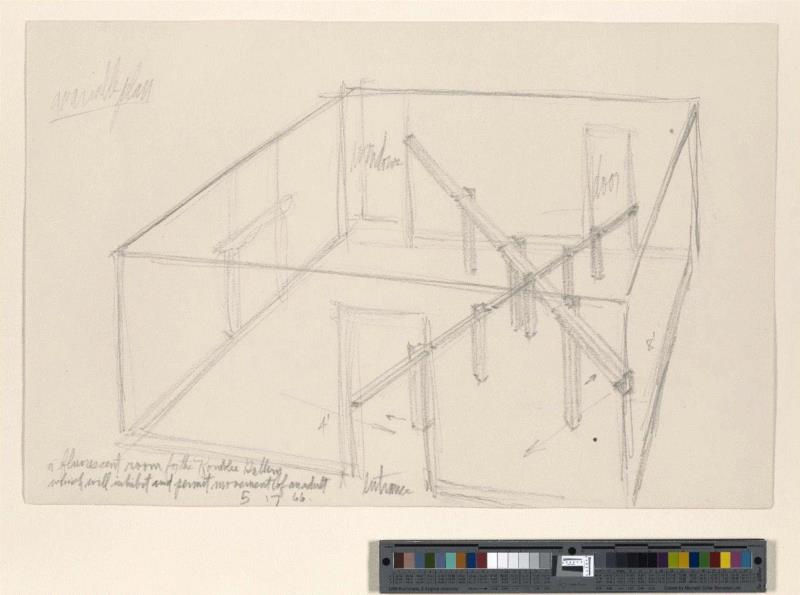 弗莱文为柯布力画廊(KornbleeGallery)所做的栅栏作品提案草图，1966年。,光之栅栏 | 丹·弗莱文（Dan Flavin）| 作品、空间、观众三者的对话,弗莱文,栅栏,光之,Flavin,绿色,卓纳,灯管,杜尚,Stephen,荧光灯管