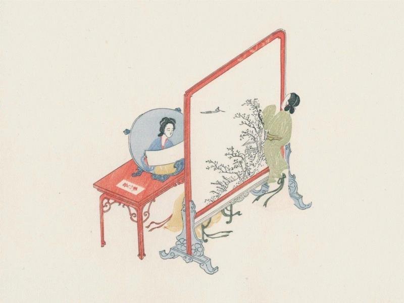 ▲明代闵刻本《西厢记》中的套色版画“妆台窥简”,画中女子为什么都喜欢照镜子？,画中,镜子,鹦鹉,杨贵妃,绘画,清宫,小编,毕加索,女孩,雪衣娘