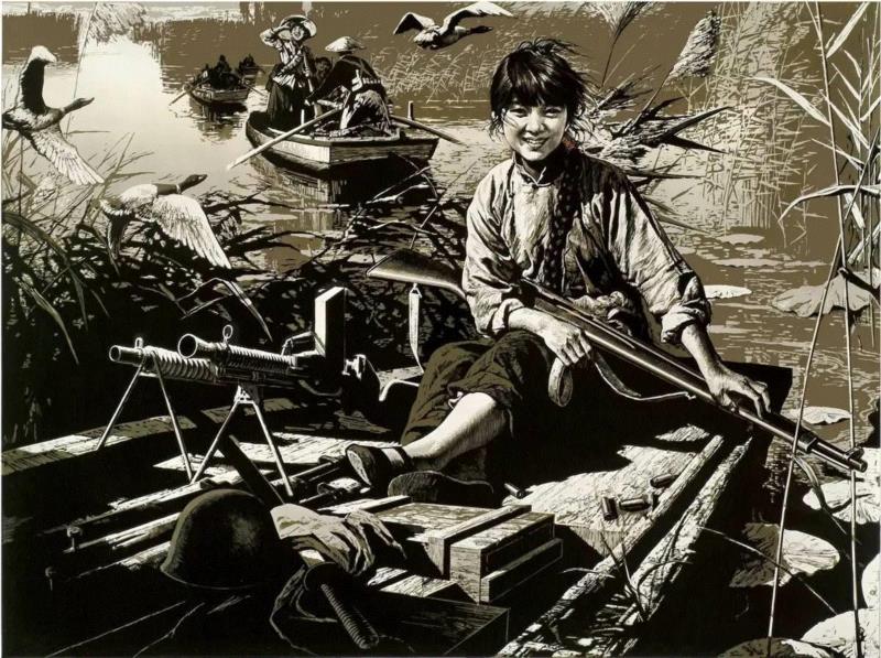 ▲《雁岭儿女》（木版套色86×116 cm）袁庆禄 1977 ,精心雕刻的刻板画，人物生动形象，效果震撼！ —— 袁庆禄作品,袁庆禄,人物,套色,木版,木刻,版画,中国美术馆,青年,三等奖,美展