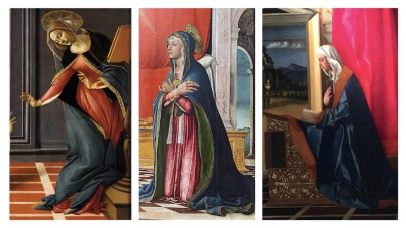 三位圣母均身披群青色的袍子,荐书 | 文艺复兴的秘密，都藏在圣母受孕的瞬间里,圣母,文艺复兴,荐书,秘密,瞬间,天使,圣母领报,安杰利科,画中,手势
