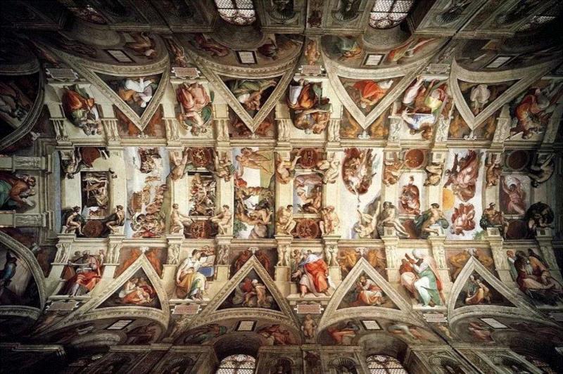 米开朗琪罗《梵蒂冈西斯廷教堂天顶画》，壁画，1400×3850cm，1508-1512年,设计丨你头上不止有星星，更有伟大的艺术杰作,头上,星星,杰作,壁画,天顶,米开朗琪罗,穹顶,天顶画,圣彼得大教堂,罗马耶稣会教堂