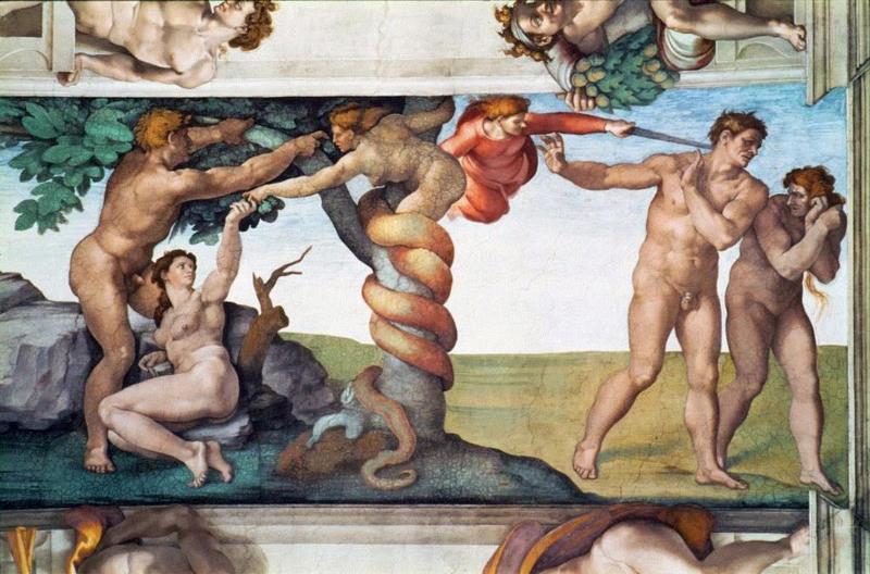 米开朗琪罗《诱惑与逐出乐园》，西斯廷教堂，湿壁画，1508-1512年,设计丨你头上不止有星星，更有伟大的艺术杰作,头上,星星,杰作,壁画,天顶,米开朗琪罗,穹顶,天顶画,圣彼得大教堂,罗马耶稣会教堂
