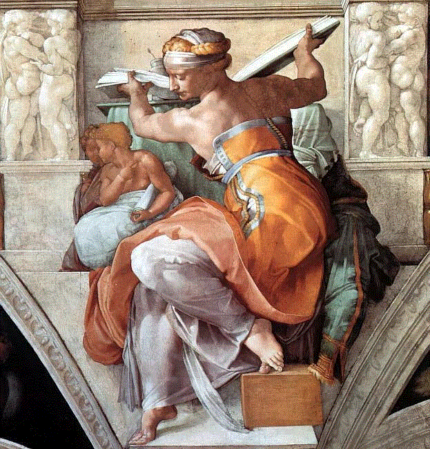 米开朗琪罗《利比亚女巫》，西斯廷教堂，湿壁画，1508-1512年,设计丨你头上不止有星星，更有伟大的艺术杰作,头上,星星,杰作,壁画,天顶,米开朗琪罗,穹顶,天顶画,圣彼得大教堂,罗马耶稣会教堂