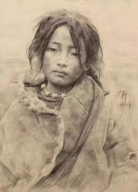 《陌生人》 55×40cm 1982年,艾轩:西藏是我灵魂的寄存地,艾轩,西藏,油画,女孩,耳朵,素描,铅笔,颜色,人物,四川