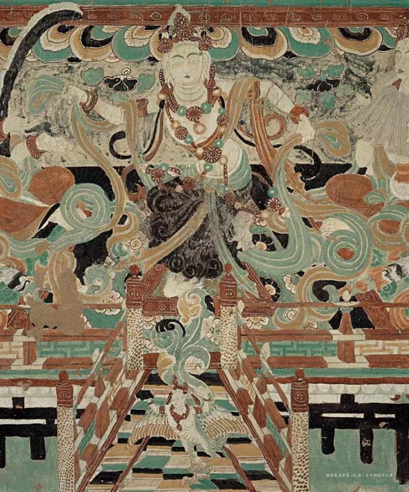 ▲ 敦煌莫高窟第158窟金光明经变乐舞。绘于金光明经变的下部中央,舞者持带舞蹈,潇洒飘逸,