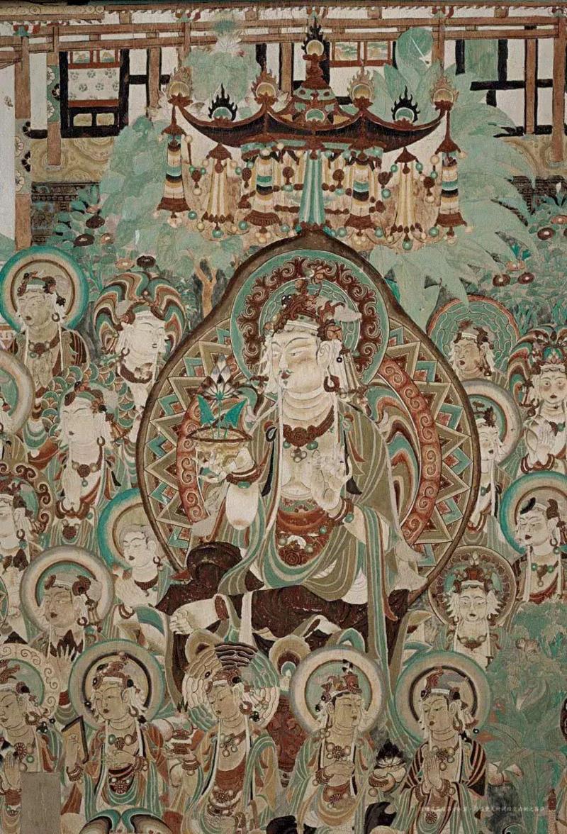 ▲ 敦煌莫高窟第158窟思益梵天所问经变右侧之菩萨,菩萨身居莲花座上,负头光及锯齿形背光,