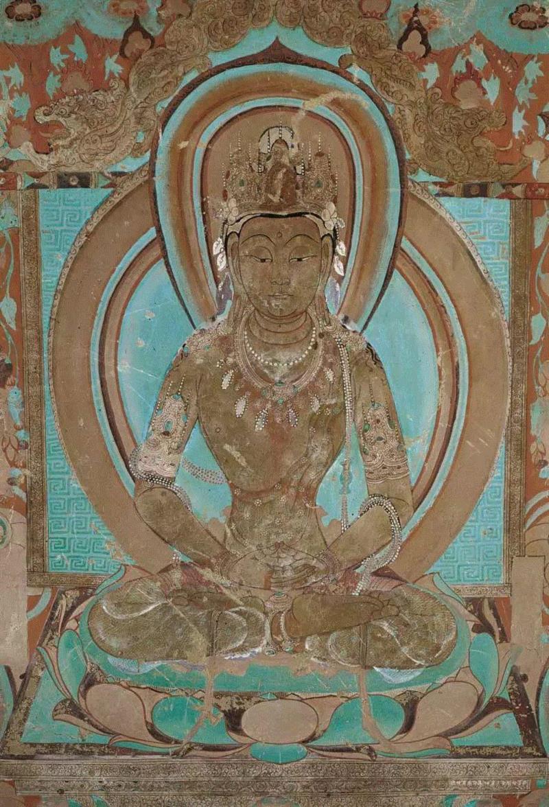 ▲ 敦煌莫高窟第14窟金刚母菩萨,端庄秀丽,慈目下视,神思内注。薄衣透体,体型窈窕,蜂腰玉