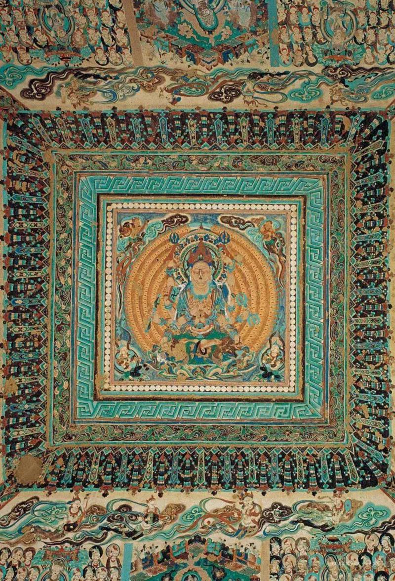 ▲ 敦煌莫高窟第156窟窟顶藻井,井心中央为一菩萨坐于莲花宝座之上。,精选 | 中国石窟艺术高清大图系列,大图,石窟,莫高窟,菩萨,敦煌,飞天,右侧,藻井,肌肤,璎珞