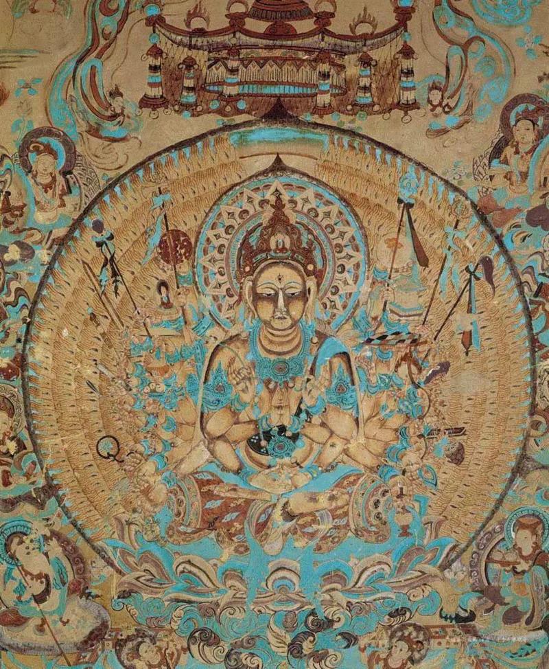 ▲ 敦煌莫高窟第14窟千手千眼观音,面相慈悲,一面三眼,头戴化佛髻冠,垂绀发,男相女身。内