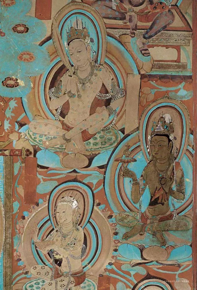 ▲ 敦煌莫高窟第14窟金刚母变中的供养菩萨三身,这些供养菩萨,体形苗条,面相秀气,神情深沉