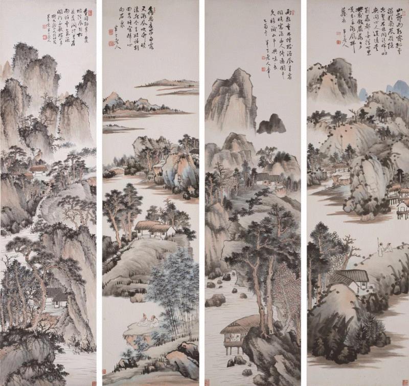 陈半丁 山水四屏 134×33厘米×4,汇聚任伯年、吴昌硕、齐白石、徐悲鸿、李苦禅、李可染、林风眠等40余位名家作品 | “大师窖藏——近现代名家精品系列展”即将开展,任伯年,吴昌硕,齐白石,徐悲鸿,李苦禅,李可染,林风眠,名家,系列展,绘画