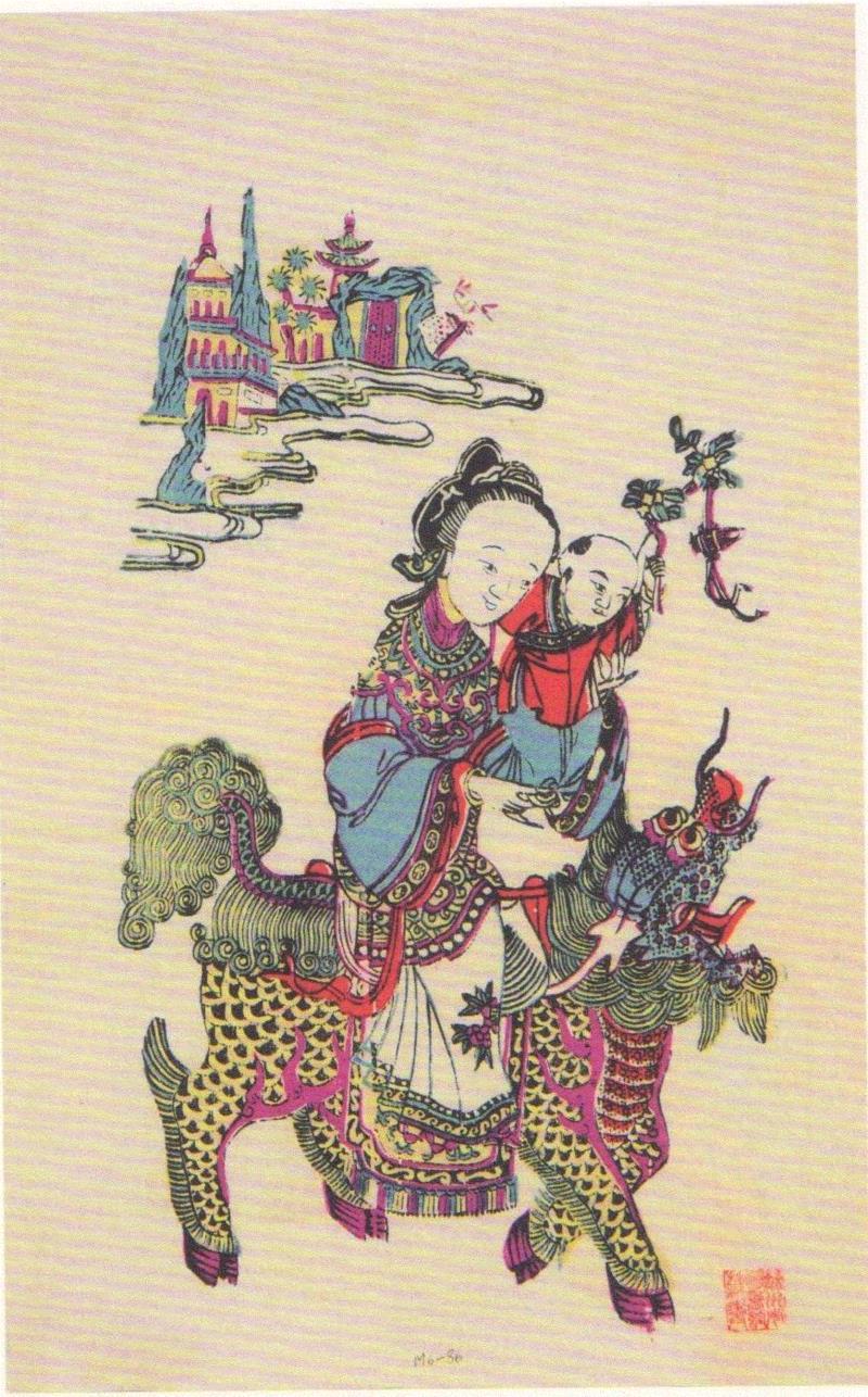 《麒麟送子》墨版套色  42cm×25cm 清末民初,中国明清版画的优美与通俗,版画,明清,年画,佛教,套印,民间,插图,名家,乾隆,姑苏